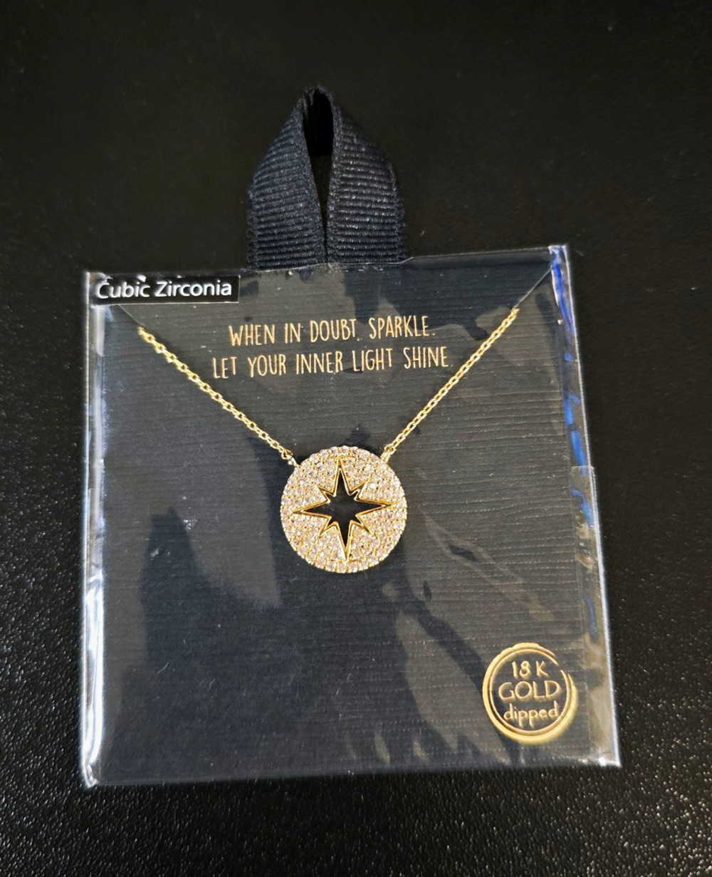 18K Gold Dipped Brass CZ Pavé Round Star Charm Pendant Cable Necklace 16 in
